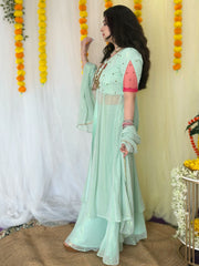 Partywear Hand embroidered Sea Green Skirt Set