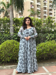 Grey Printed Chiffon Anarkali With Dupatta| Heavy Flare