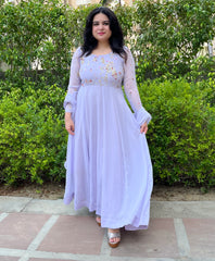 Party wear hand embroidered lilac chiffon anarkali