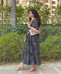 Grey Floral Chiffon Midi For Women|Elegant Summer Dress