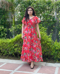 Floral Printed Chiffon Maxi With Umbrella Sleeves- Chic Party&Festive wear