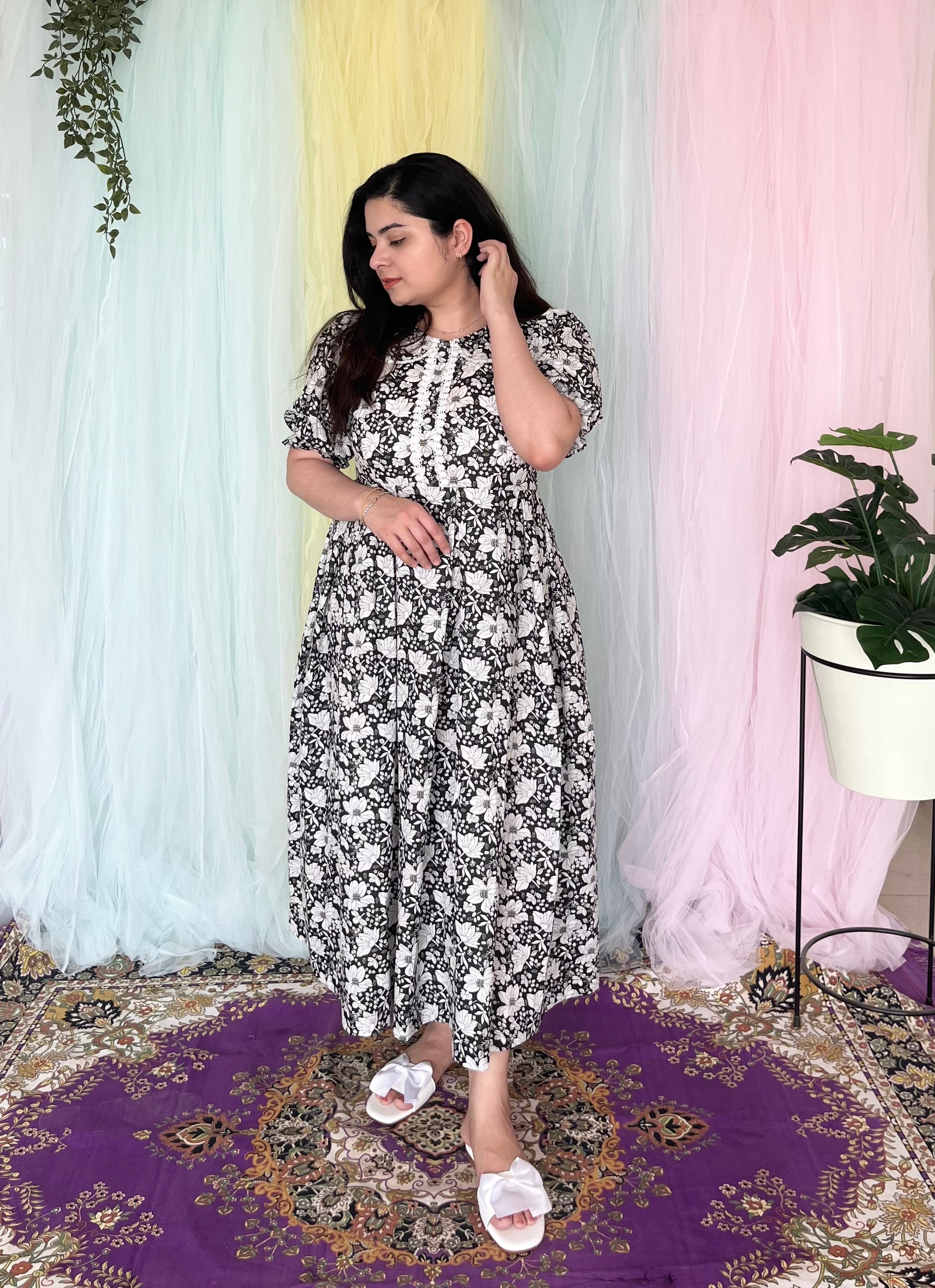 Black & White Floral Cotton Midi Dress
