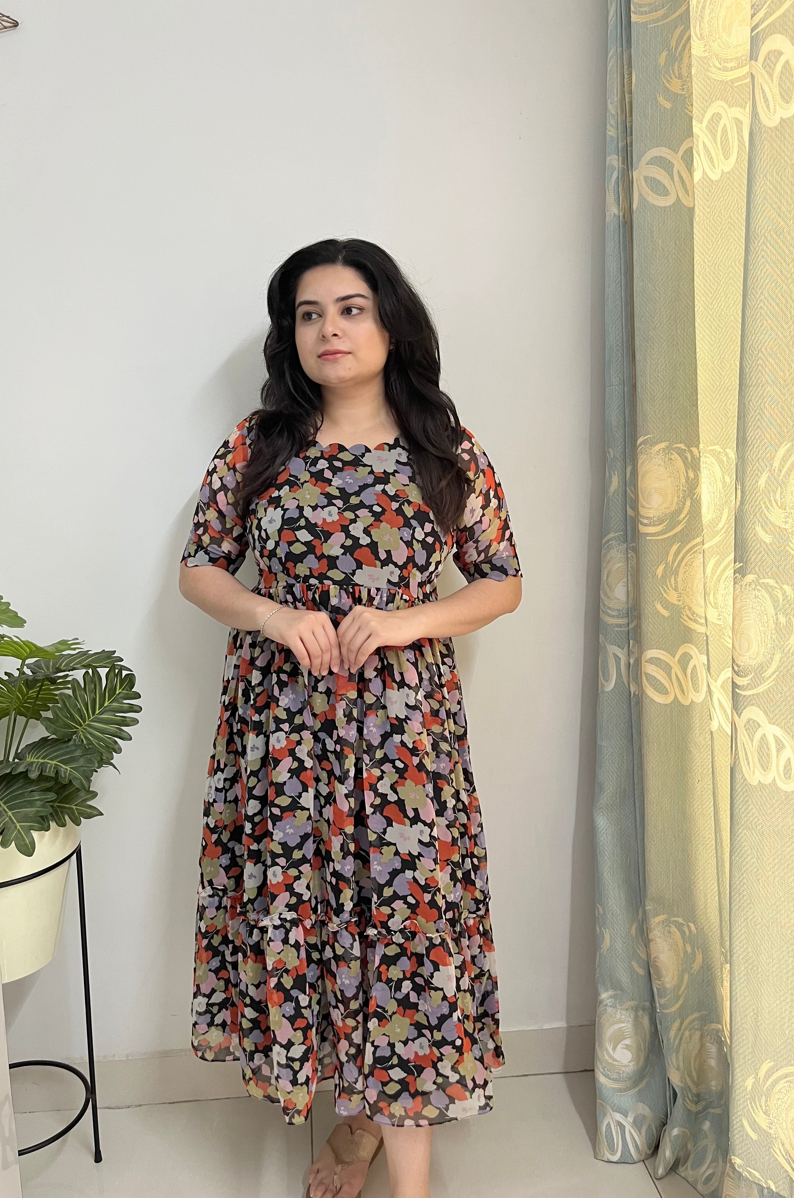 Printed georgette black midi