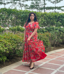 Floral Printed Chiffon Maxi With Umbrella Sleeves- Chic Party&Festive wear