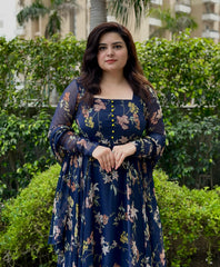 Dark Blue Floral Chiffon Anarkali With Dupatta | Heavy flare