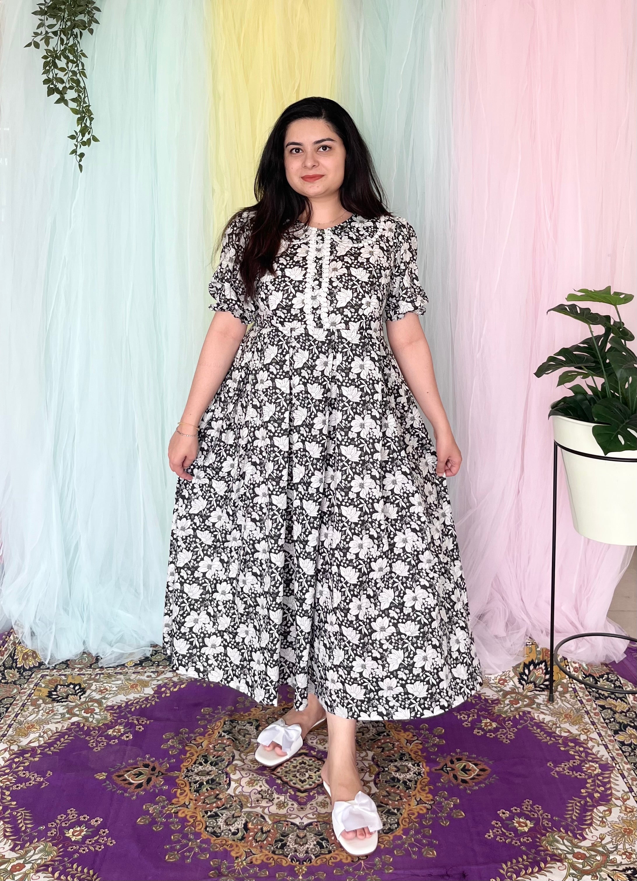 Black & White Floral Cotton Midi Dress