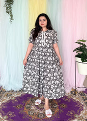 Black & White Floral Cotton Midi Dress
