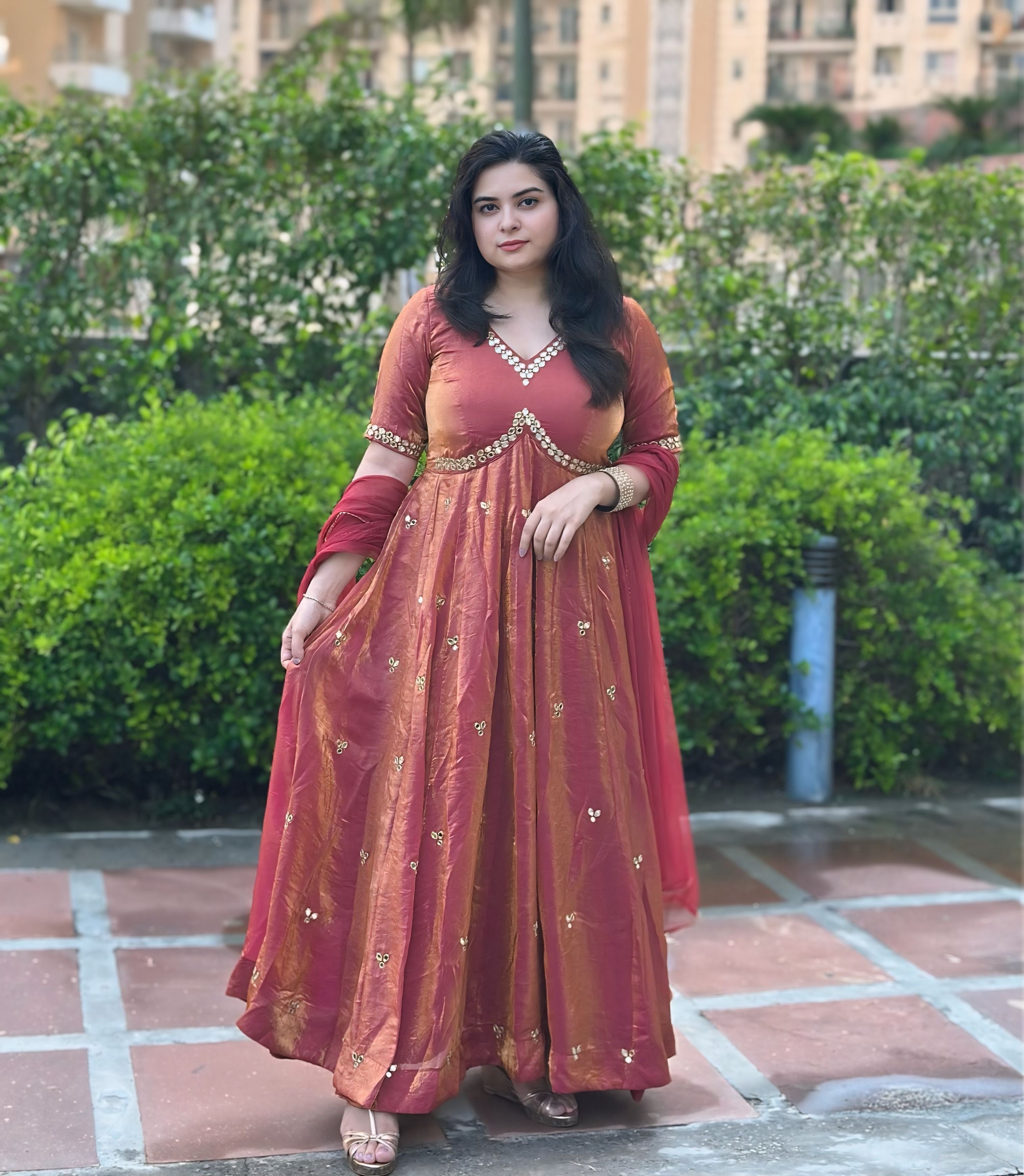 Bronze Silk Hand Embroidered Anarkali-Wedding &Festive wear
