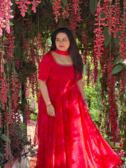 Party wear hand embroidered red printed anarkali