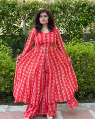 Red lurex front slit anarkali kurta set