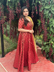 Red brocade silk partywear Anarkali