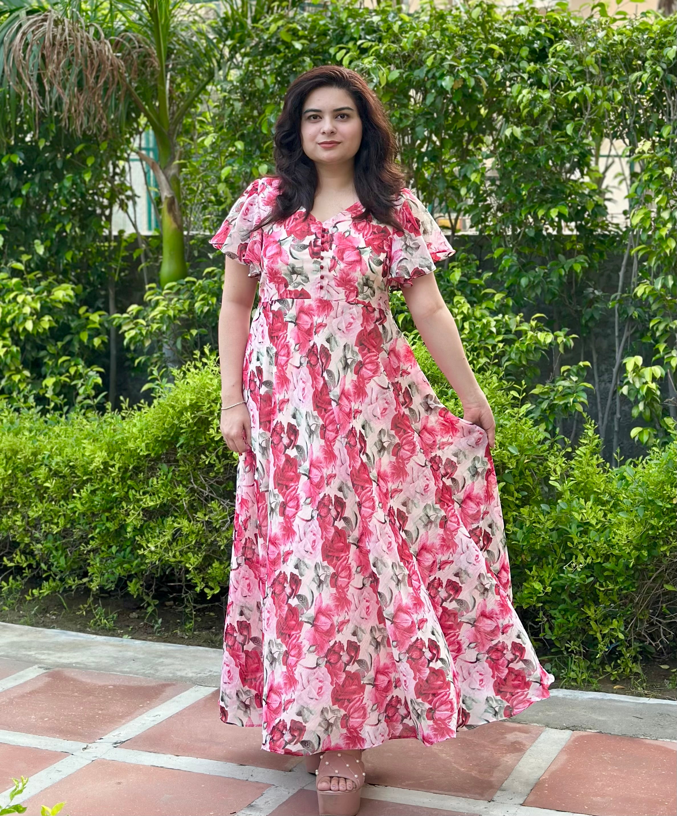 Floral Pink Chiffon Maxi Dress