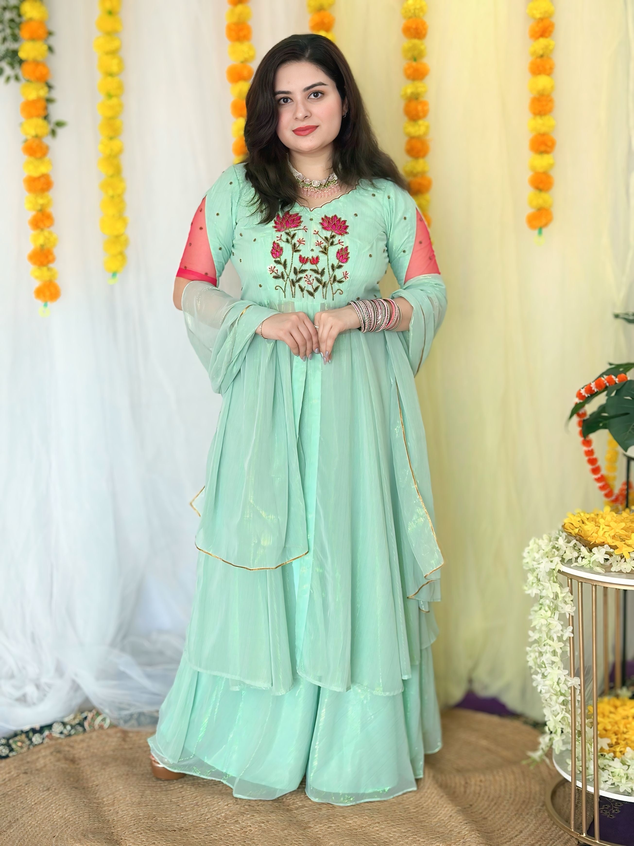 Partywear Hand embroidered Sea Green Skirt Set