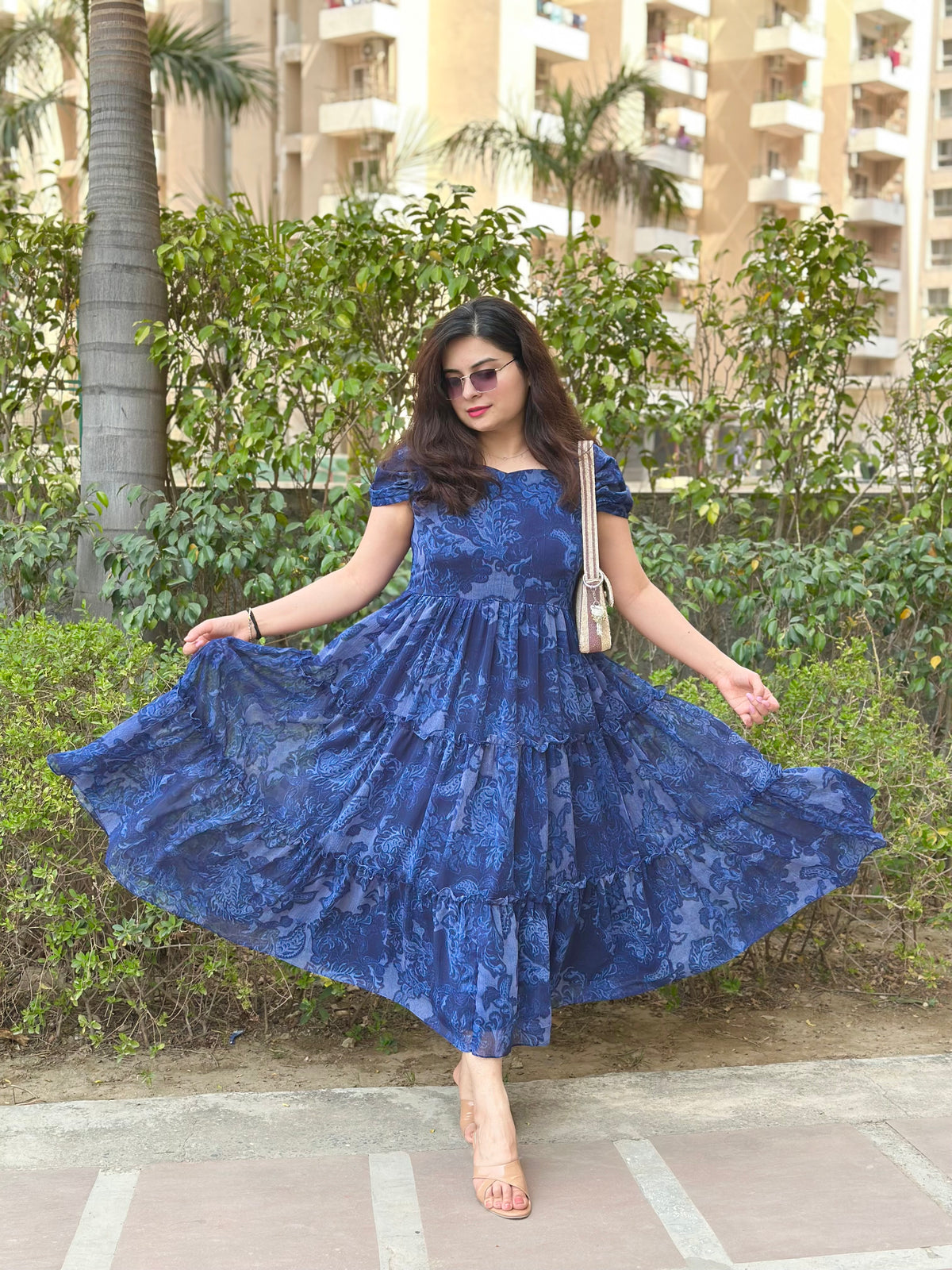 Navy Blue Printed Chiffon Frock For Women| Summer Flowing Midi Dress