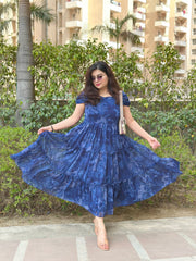Navy Blue Printed Chiffon Frock For Women| Summer Flowing Midi Dress