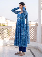 Blue Floral Chiffon Anarkali Set With Mirror Work|Festive Wear