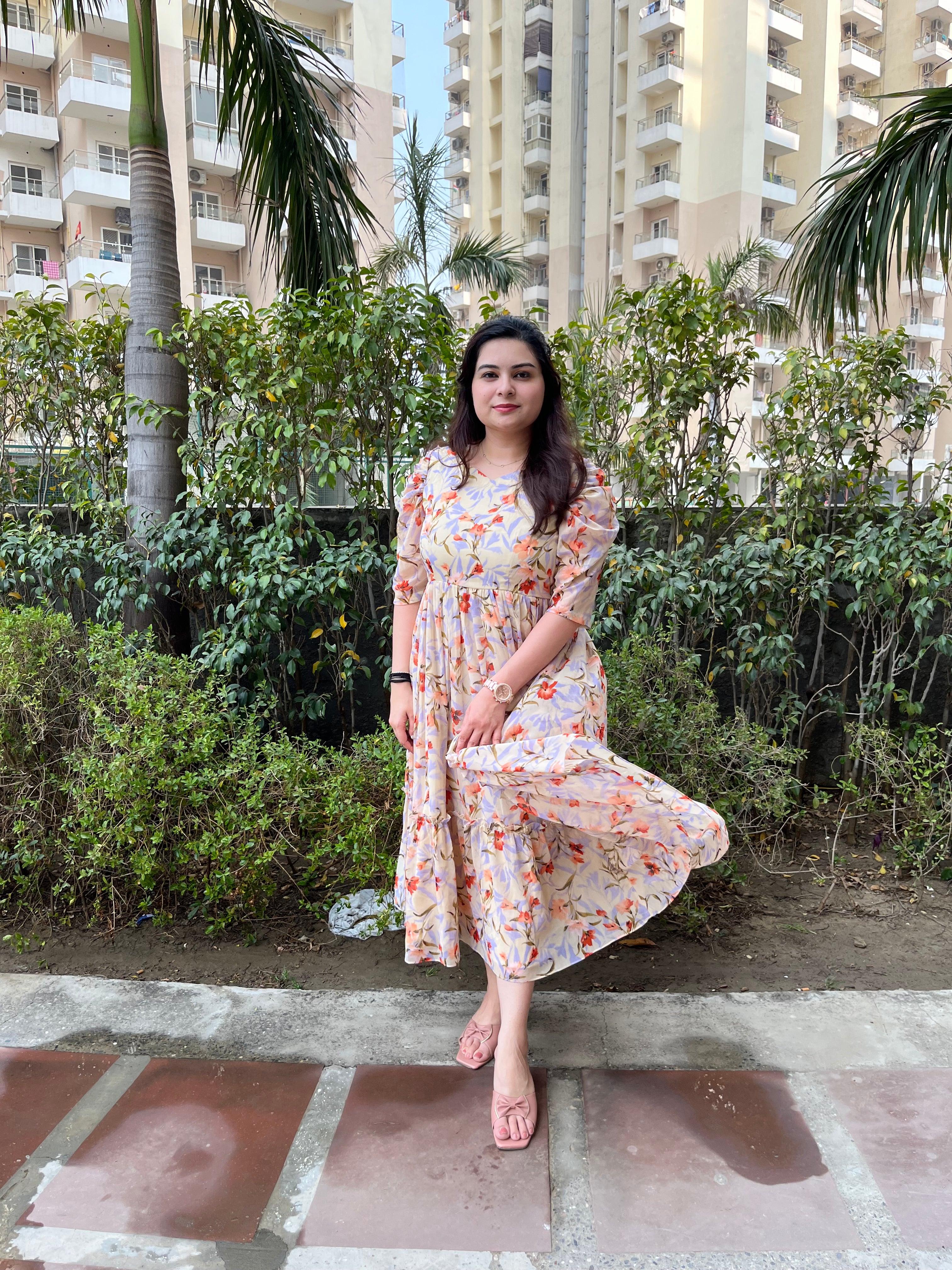 Printed floral almond frock for women