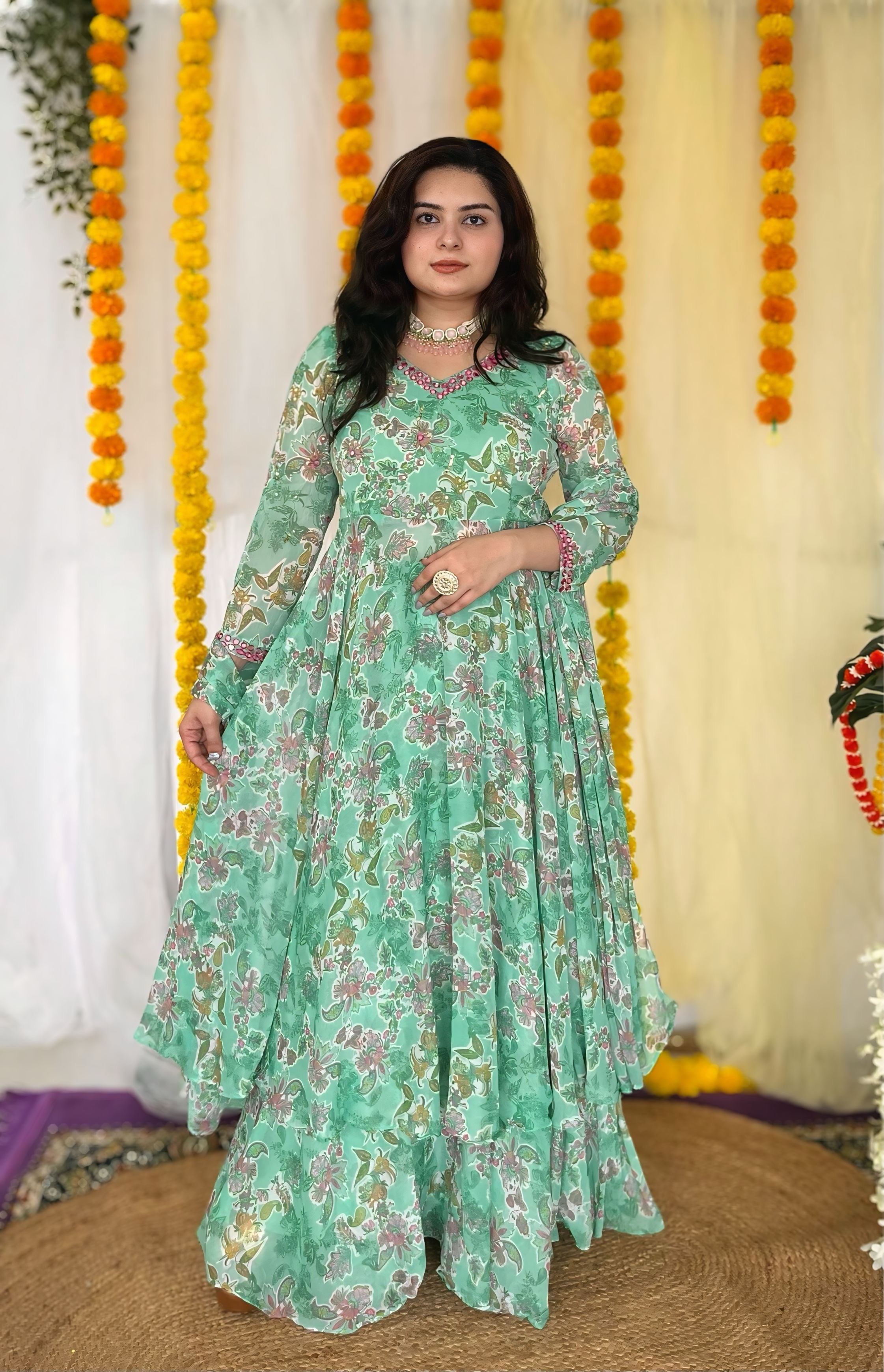 Hand embroidered sea green printed chiffon anarkali skirt set