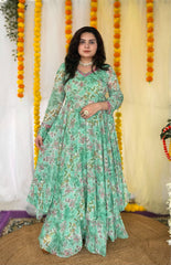 Hand embroidered sea green printed chiffon anarkali skirt set