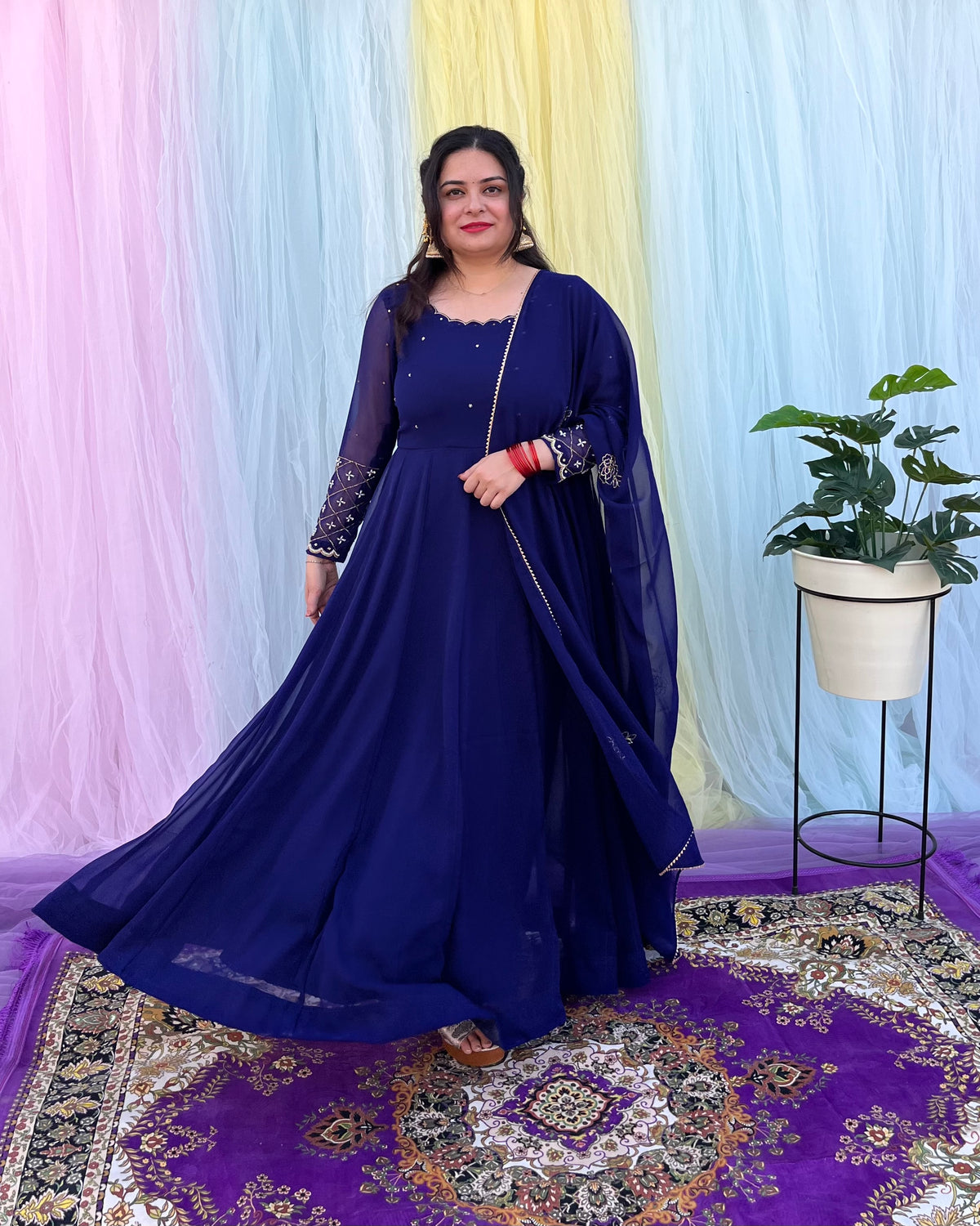 Party wear hand embroidered blue anarkali