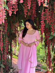 Party wear hand embroidered pink georgette anarkali