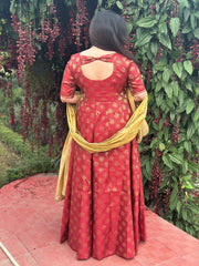 Red brocade silk partywear Anarkali