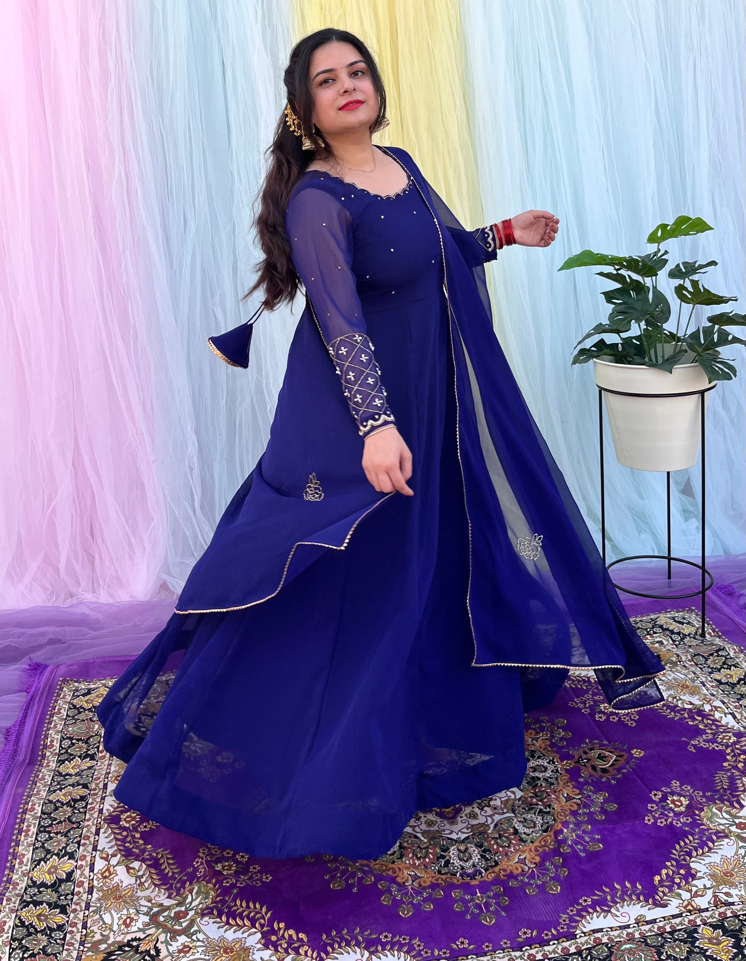 Party wear hand embroidered blue anarkali