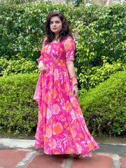 Printed floral pink georgette anarkali|Heavy Flare- Festive & Wedding Wear