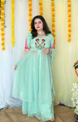 Partywear Hand embroidered Sea Green Skirt Set