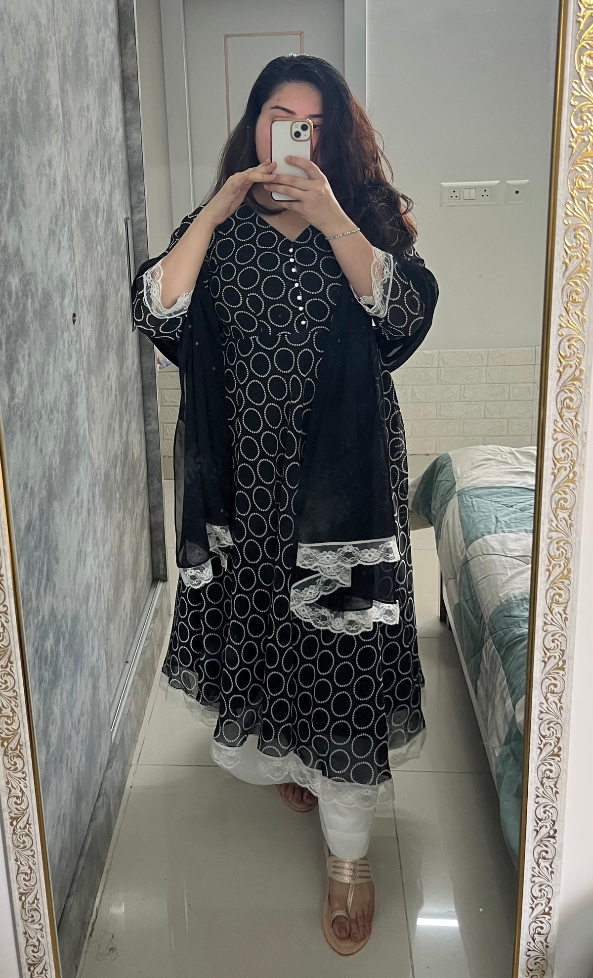 Black Printed Umbrella Kurti set with Lace Detailing