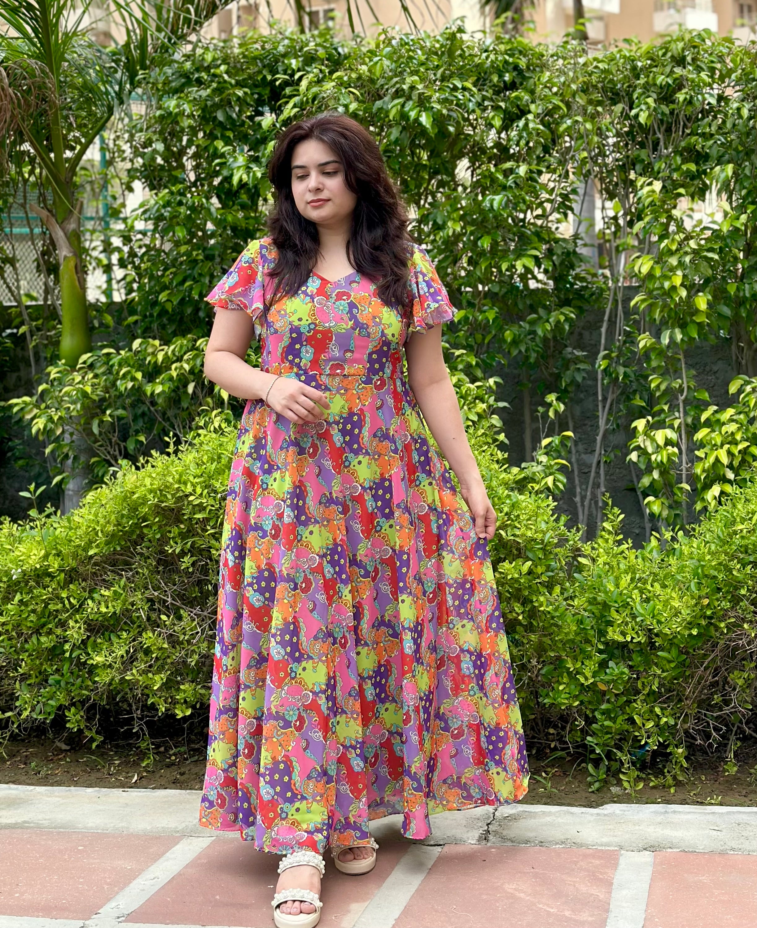 Vibrant Multicolour Georgette Maxi Dress