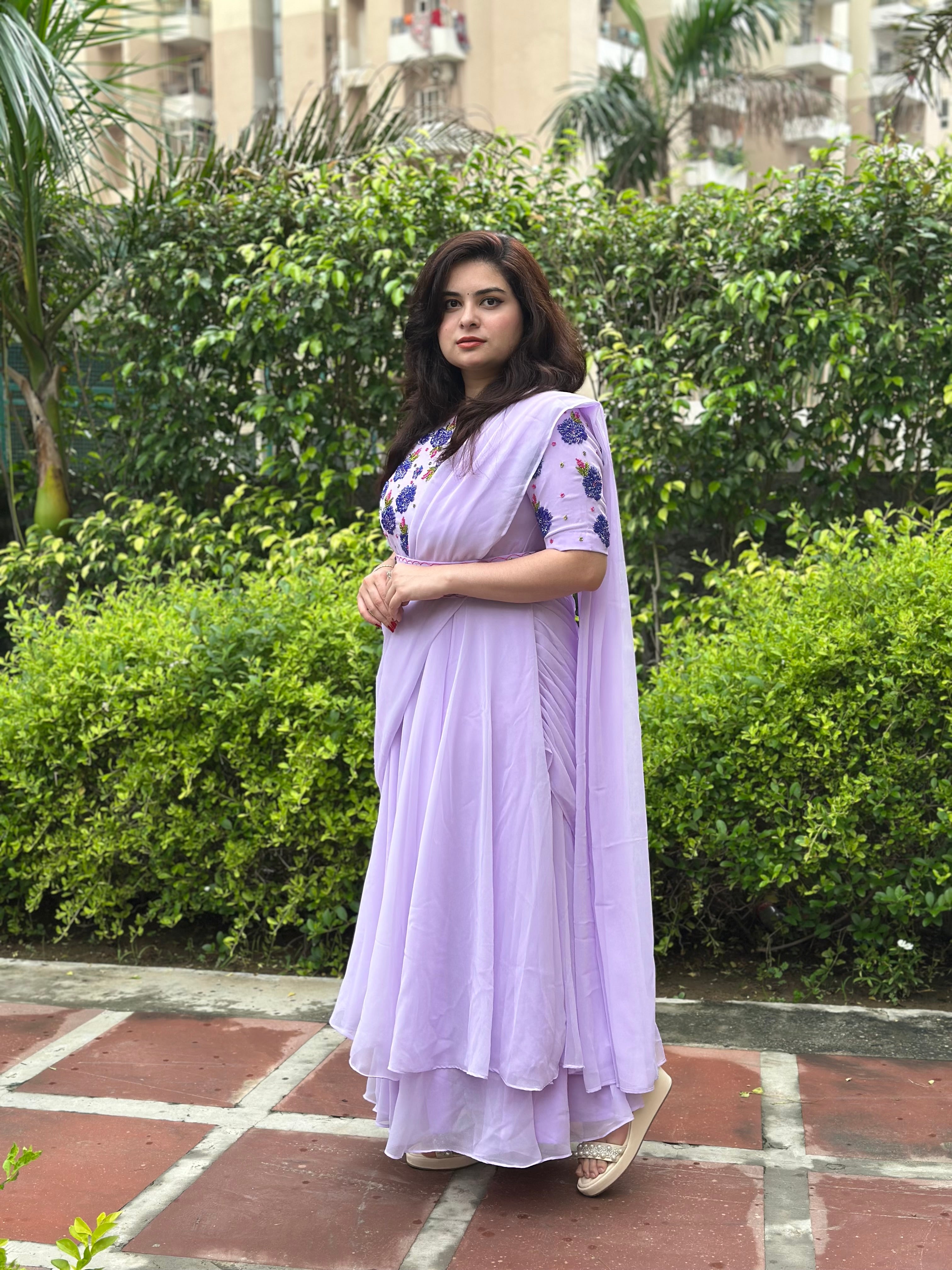 Hand embroidered partywear drape lilac double layer gown