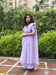 Hand embroidered partywear drape lilac double layer gown