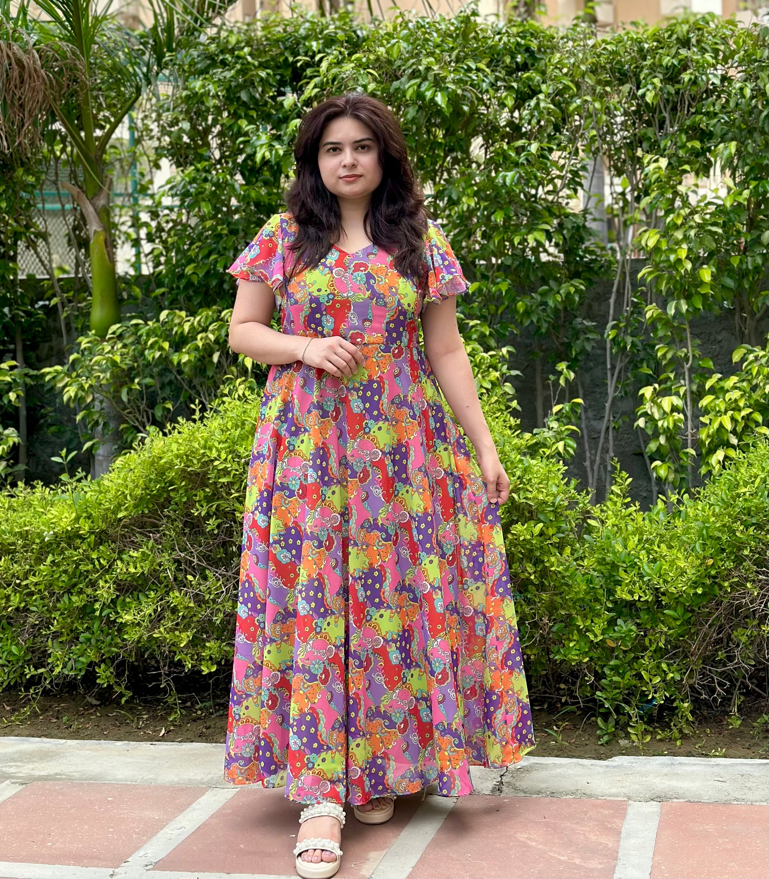 Vibrant Multicolour Georgette Maxi Dress