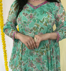 Hand embroidered sea green printed chiffon anarkali skirt set