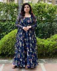 Dark Blue Floral Chiffon Anarkali With Dupatta | Heavy flare