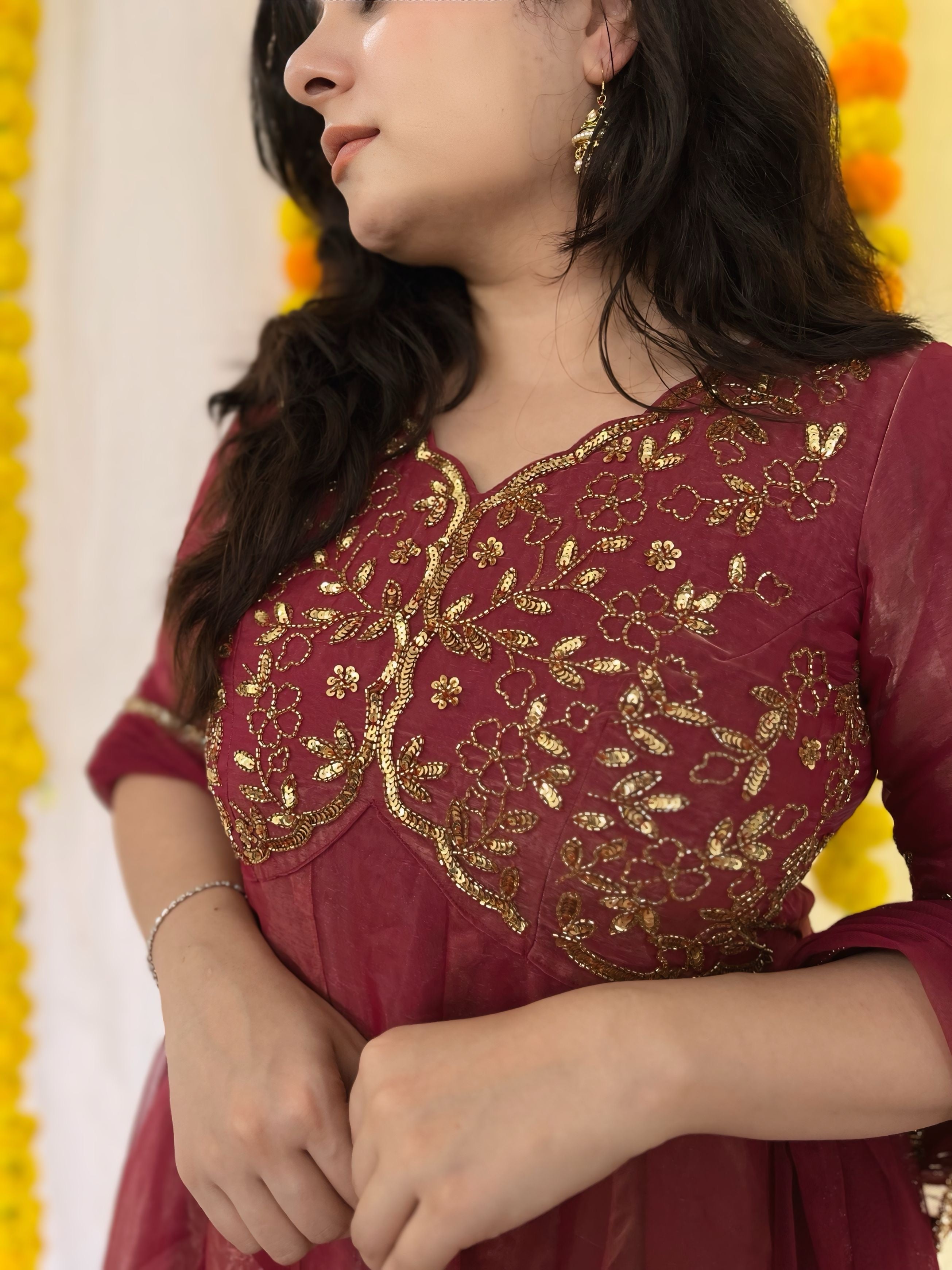 Party wear hand embroidered glass tissue anarkali set