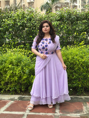Hand embroidered partywear drape lilac double layer gown