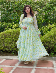 Floral Printed Dobby Chiffon Anarkali with Dupatta | Heavy Flare