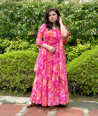 Printed floral pink georgette anarkali|Heavy Flare- Festive & Wedding Wear