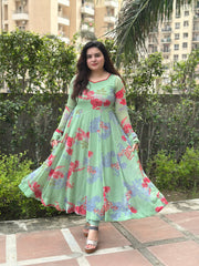 Mint Green Floral Printed Anarkali Set