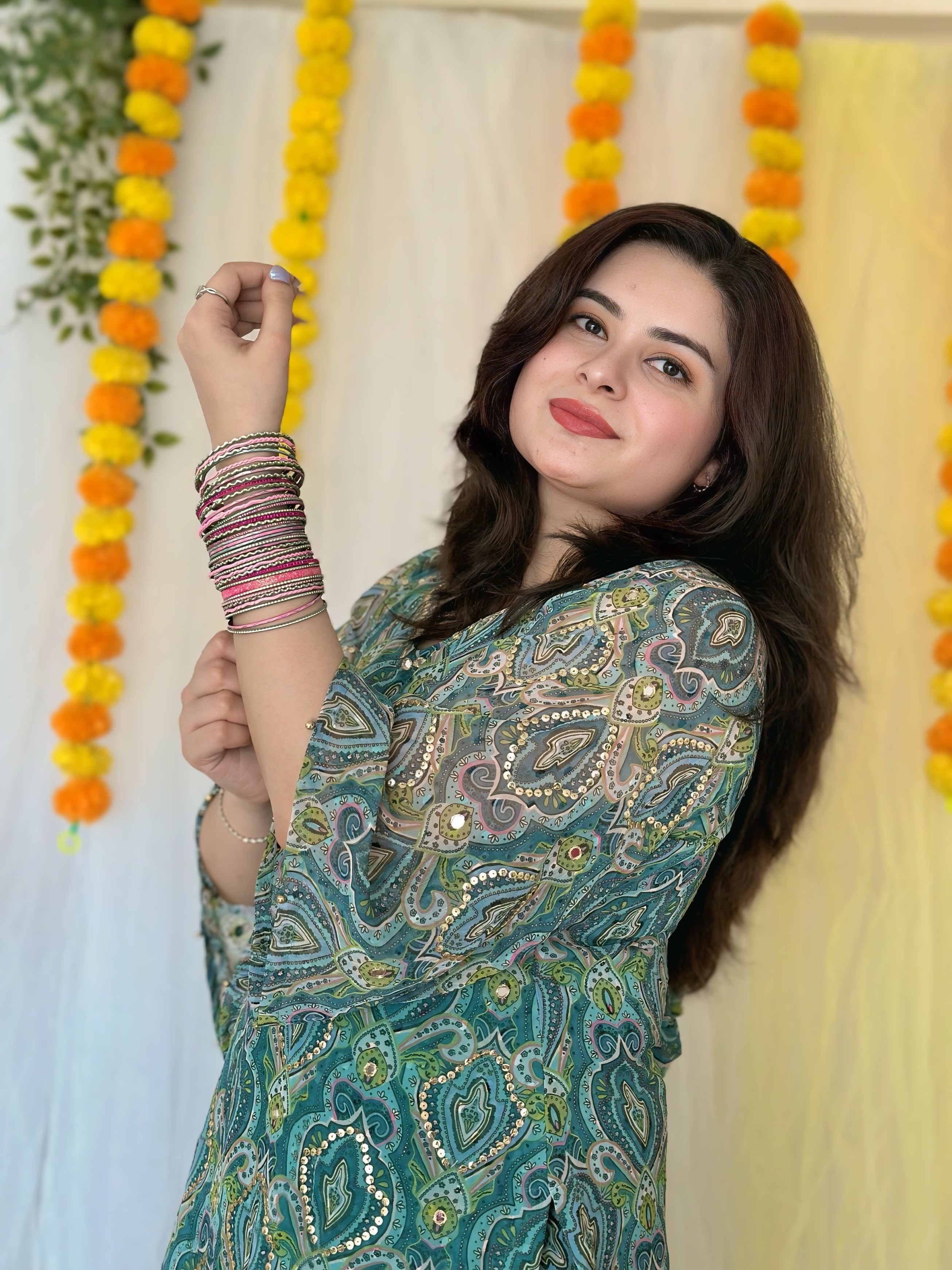 Party wear hand embroidered printed suit palazoo set