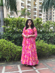Printed floral pink georgette anarkali|Heavy Flare- Festive & Wedding Wear