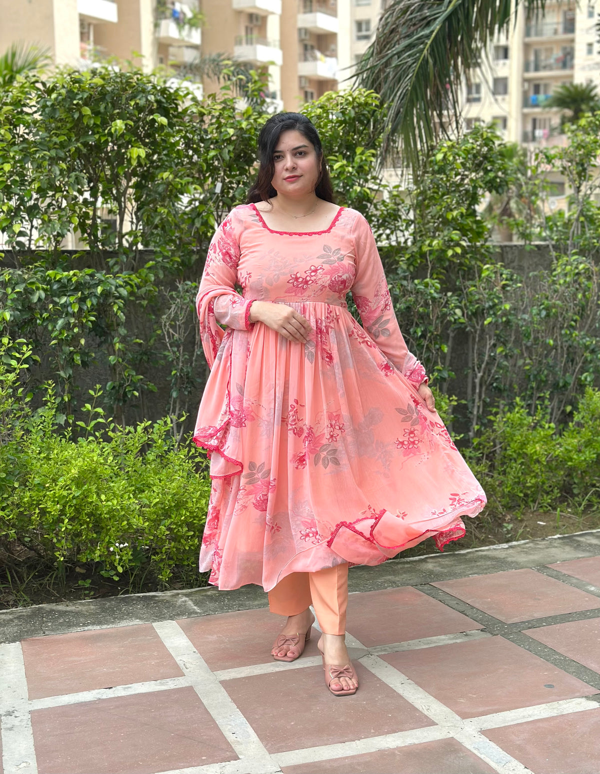 Peach Floral Chiffon Festive Wear Anarkali Set| kasumi