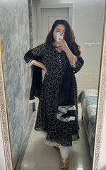 Black Printed Umbrella Kurti set with Lace Detailing