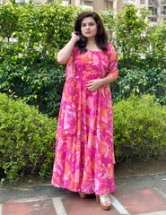 Printed floral pink georgette anarkali|Heavy Flare- Festive & Wedding Wear