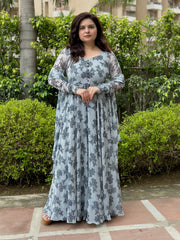 Grey Printed Chiffon Anarkali With Dupatta| Heavy Flare