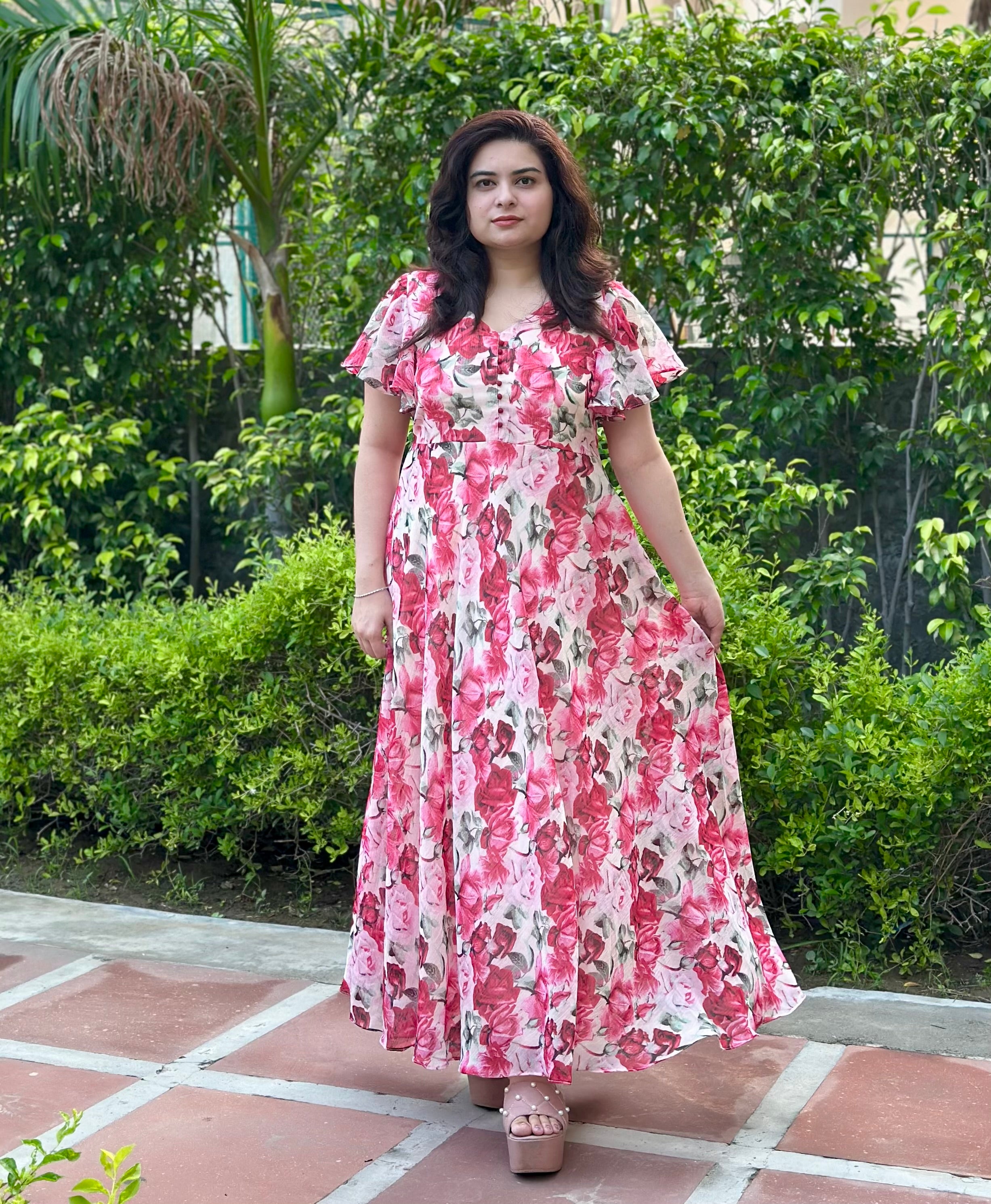 Floral Pink Chiffon Maxi Dress