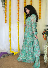 Hand embroidered sea green printed chiffon anarkali skirt set