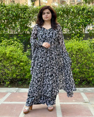 Black & White Georgette Front Slit Anarkali Set